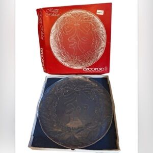 VTG 80s Arcoroc France Glass Holiday Plate 13" Frosted Bow Holly Christmas W/box